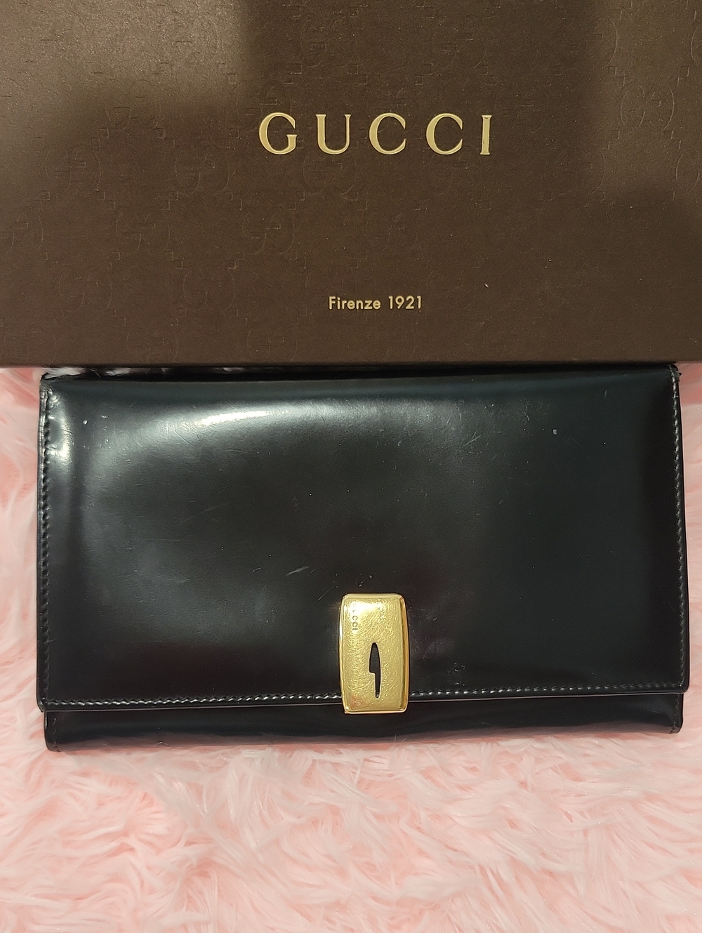 Gucci Black Patent Leather Clutch with Gold Closure